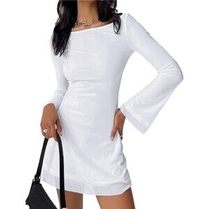 Women Long Sleeve Mini Dress Sexy White